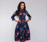 Occidental Autumn And Winter Womens A Line Dress Party Retro Small Fragmented Flowers 7/4 Sleeve Round Neck Dress