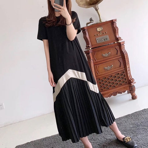 Spring And Summer New Designer Style Pleated Dresses Short-Sleeved Long Knee-Length Loose Covering Meat Thin Skirt