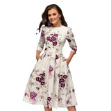 Occidental Autumn And Winter Womens A Line Dress Party Retro Small Fragmented Flowers 7/4 Sleeve Round Neck Dress