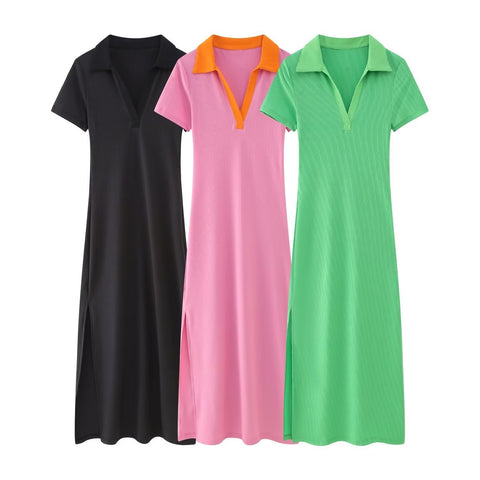 European and American New Fashion Versatile Flip V neck Short Sleeve Solid A line Tricolor Dress for Women