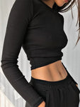 O Neck Long Sleeve Shirt Women Ribbed Sexy Cropped Tops 2024 Spring Black Casual Skinny Slim Basic Woman T Shirts White