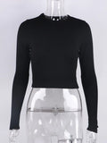 O Neck Long Sleeve Shirt Women Ribbed Sexy Cropped Tops 2024 Spring Black Casual Skinny Slim Basic Woman T Shirts White