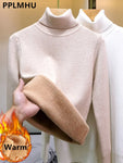 Turtleneck Winter Sweater Women Elegant Thicken Velvet Lined Warm Sueter Knitted Pullover Slim Tops Jersey Knitwear Jumper New