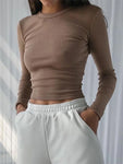 O Neck Long Sleeve Shirt Women Ribbed Sexy Cropped Tops 2024 Spring Black Casual Skinny Slim Basic Woman T Shirts White