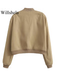 Willshela Women Fashion Solid Bomber Jackets Coat With Pockets V-Neck Single Breasted Long Sleeves Female Chic Lady Outfits