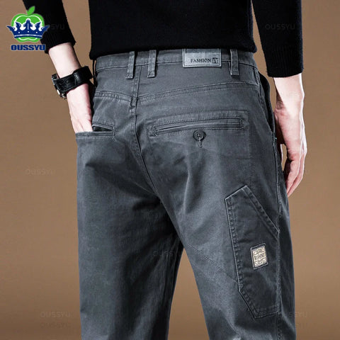 OUSSYU Brand Clothing 2023 New Men's Cargo Pants 97%Cotton Solid Color Work Wear Casual Pant Wide Korean Jogger Trousers Male