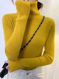 ZOKI New 2023 Women Pullover Turtleneck Sweater Autumn Long Sleeve Slim Elastic Korean Simple Basic Cheap Jumper Solid Color Top