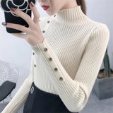 2023 Women Autumn Knitted Slim Sweaters Solid Knitted Female Cotton Soft Elastic Color Pullovers Button Full Sleeve Turtleneck