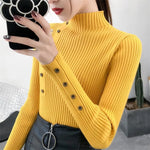 2023 Women Autumn Knitted Slim Sweaters Solid Knitted Female Cotton Soft Elastic Color Pullovers Button Full Sleeve Turtleneck