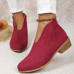 Fashion V-cut Ankle Boots With Side Zipper Round Toe Square Heel Suede Boot For Women Shoes Winter