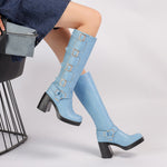 Square Toe Platform Belt Buckle Thick High Heel High Leg Martin Boots