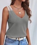 Waffle V-Neck Vest Sleeveless Lace Tank Shirt Tops Summer