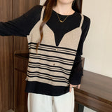 Plus Size Contrast Color Striped Fake Two Pieces Sweater