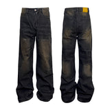 Washed Straight Dirty Mud Textured Deconstructed Jeans