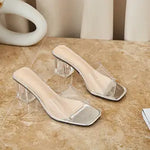 Square Head One-line High Heel Crystal Heel Chunky Sandals