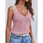 Waffle V-Neck Vest Sleeveless Lace Tank Shirt Tops Summer