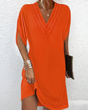 V-neck Pleated Batwing Sleeve Dress