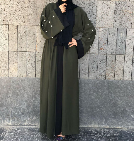 Olive green pearly sleeves open abaya with belt.