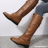 Round Toe Front Lace-up High Tube Side Zipper Knight Boots