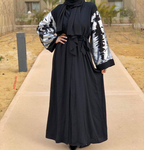 Sequins sleeves open abaya with belt.