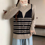 Plus Size Contrast Color Striped Fake Two Pieces Sweater