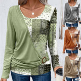 Printed Solid Color Stitching Casual Long Sleeve Shirt