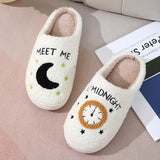 Moon And Clock Print Slipper Winter Warm Home Shoes Cute Bedroom Slippers