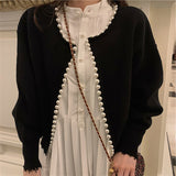 Women's Round Neck Pearl Trim Short Long Sleeve Coat