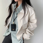 Lapel Double Zipper Pocket Long Sleeve Leather Coat