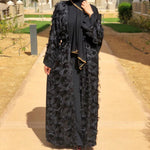 Black fringed open abaya with belt.
