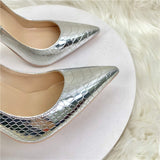 Tikicup Silver Embossed Crocodile Effect Women Sexy Pointy Toe High Heel Party Shoes Bling Shiny Fashion Designer Stiletto Pumps