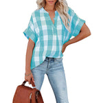 Spring And Summer New Plaid Short Sleeved Shirt Printing V Neck Loose Casual Top For Women