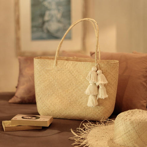 Borneo Sani Straw Tote Bag - with White Tassels (Pre-order) - shop.livefree.co.uk