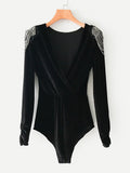 Beaded Shoulder Surplice Velvet Bodysuit - shop.livefree.co.uk
