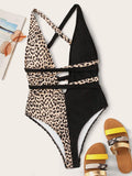 Contrast Leopard Self Tie One Piece Swimsuit - shop.livefree.co.uk