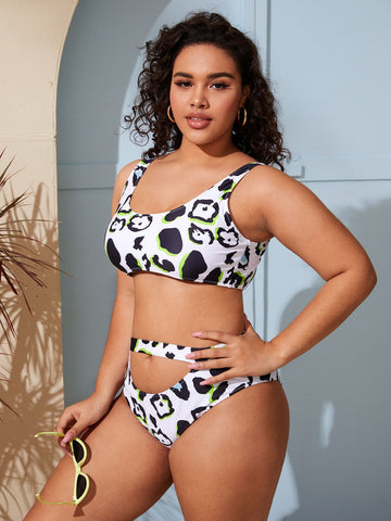 Plus Allover Graphic Cut-out Bikini Swimsuit - shop.livefree.co.uk