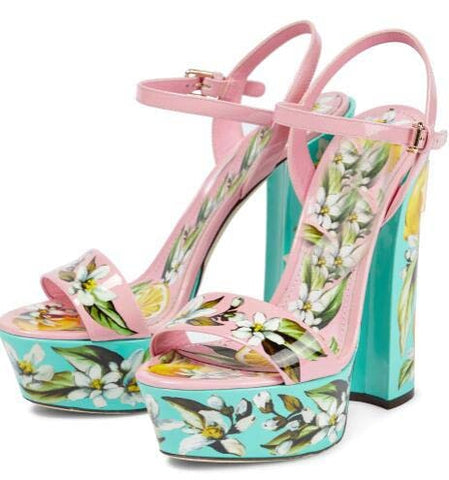 Newest Floral Printed Sandals Summer Sexy Platform Chunky Heels Women Shoes Ankle Strap Gladiator Sandals