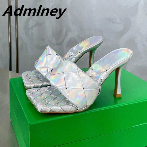 Silver Laser Woven Leather Woman Slipper Summer New Square Toe Thin High Heel Party Holiday Mule Designer One Strap Shoe Woman