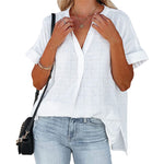 Women's V-Neck Short Sleeve Solid Color Thin Loose Check Shirt