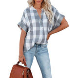 Spring And Summer New Plaid Short Sleeved Shirt Printing V Neck Loose Casual Top For Women