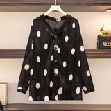 150Kg Plus Size Women's Bust 150 Summer Loose V-Neck Long-Sleeved Polka Dot Sunscreen Shirt Black Apricot 5XL 6XL