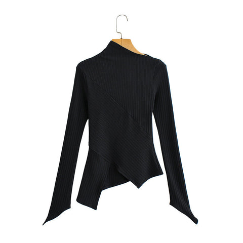 Autumn New Irregular Collar Solid Color Bandage Long Sleeve Knit Undercoat