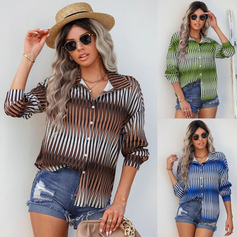 Early Autumn New Cardigan Top Women's Lapel Long-Sleeved Striped Shirt
