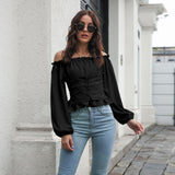 Front Tie Back Elastic Lantern Sleeves Word Collar Waist Short Top Women Long Sleeved Chiffon Shirt