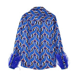 Autumn New Fashion Retro Style Lapel Blue Printing Wool Cuff Shirt Women