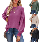 Women's Top Autumn and Winter New Round Neck Pleated Lantern Sleeve Long T-shirt