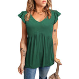 Spring Summer Ribbed Ruffle Sleeve V-Neck Babydoll Short Sleeve Design Casual Top