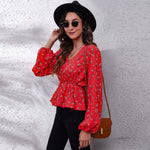 Plaid Print Waist V Neck Lantern Sleeve Elegant Blouse New For Women