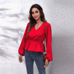 Lantern Sleeve Chiffon Shirt Solid Color Waist V-Neck Long Sleeved Women New Style