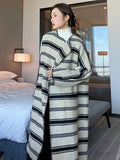 Women Woolen Coat Striped Elegant Simple Style New Lapel Long Sleeve Loose Fit Fashion Trend Autumn Winter